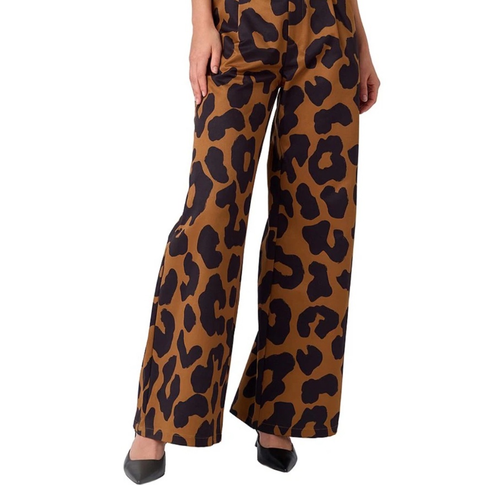 Cora Faille Leopard Print High Rise Flat Front Wide Leg Full Length Trouser
